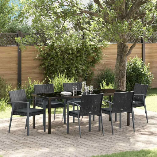 Conjunto de Jantar para Jardim   Preto e Cinza Rattan de PE (7 pcs)