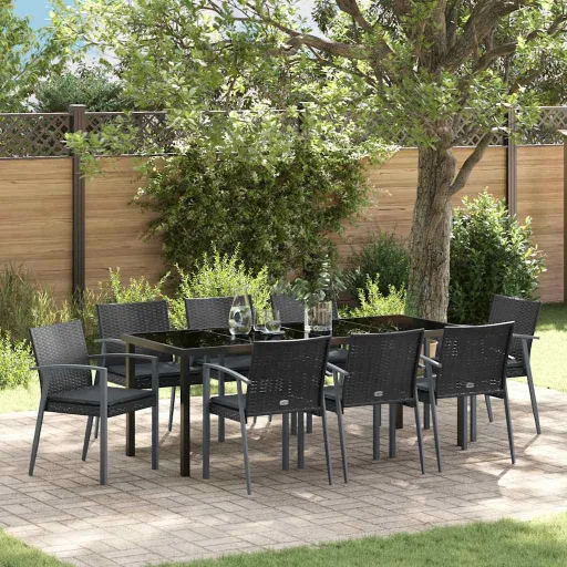 Conjunto de Jantar para Jardim   Preto e Cinza Rattan de PE (9 pcs)