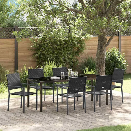 Conjunto de Jantar para Jardim   Preto Rattan de PE (7 pcs)
