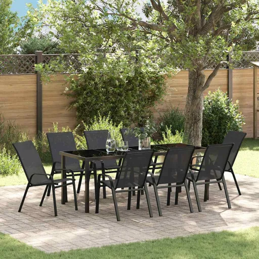 Conjunto de Jantar para Jardim   Preto Textileno e Aço (9 pcs)