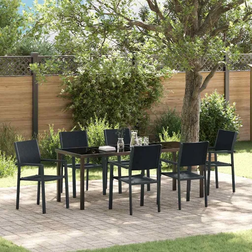 Conjunto de Jantar para Jardim   Preto Aço Revestido a pó (7 pcs)