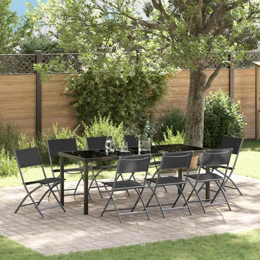 Conjunto de Jantar para Jardim   Preto Aço Revestido a pó (9 pcs)
