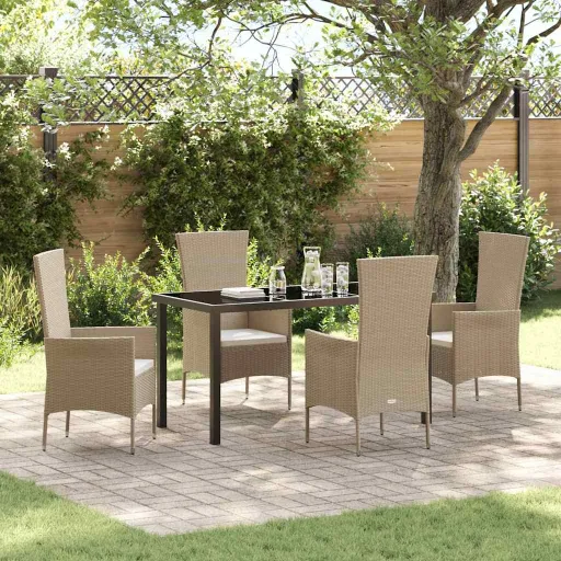 Conjunto de Jantar para Jardim com Almofada   Bege Vime PE (5 pcs)