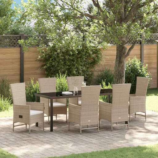 Conjunto de Jantar para Jardim com Almofada   Bege Vime PE (7 pcs)