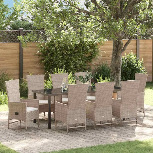 Conjunto de Jantar para Jardim com Almofada   Bege Vime PE (9 pcs)