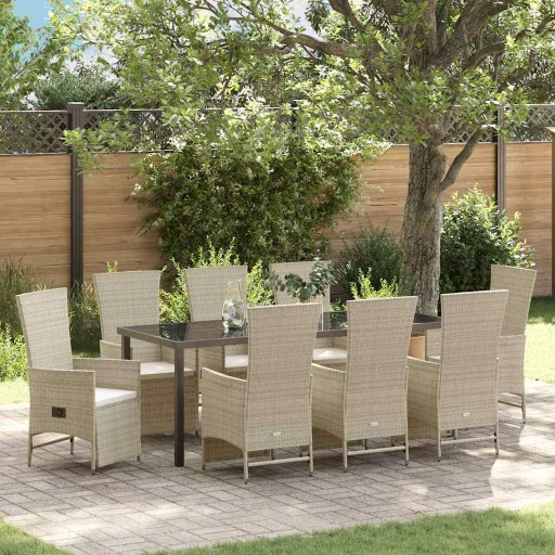 Conjunto de Jantar para Jardim com Almofada   Bege Vime PE (9 pcs)