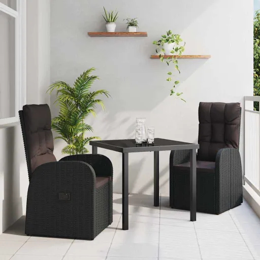 Conjunto de Jantar para Jardim com Almofada   Preto Vime PE (3 pcs)