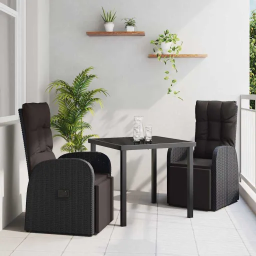 Conjunto de Jantar para Jardim com Almofada   Preto Vime PE (3 pcs)
