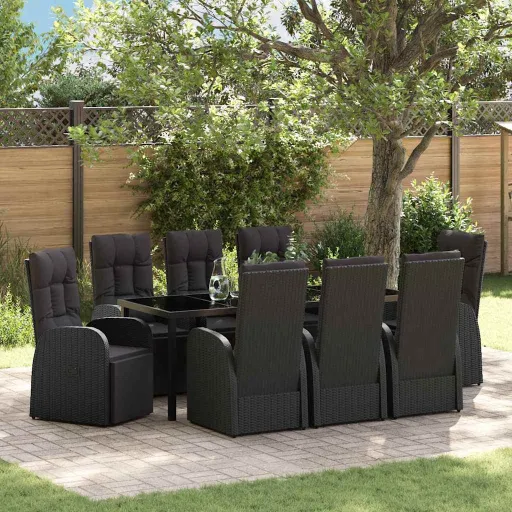 Conjunto de Jantar para Jardim com Almofada   Preto Vime PE (9 pcs)