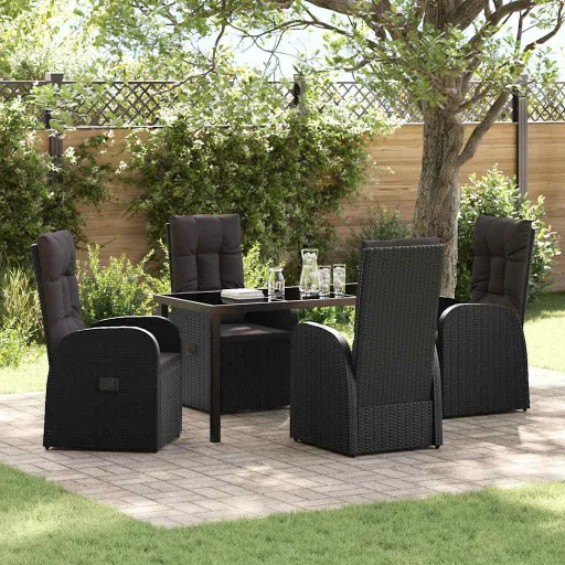 Conjunto de Jantar de Jardim de 5 Peças com Almofadas Vime Poliéster Preto