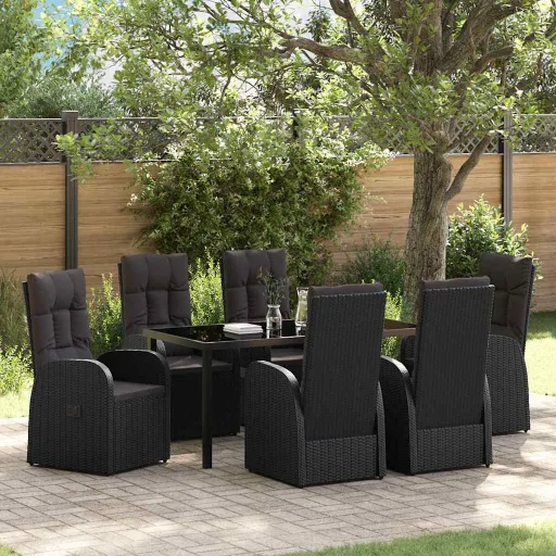 Conjunto de Jantar de Jardim com Almofadas 7 Peças Rattan Sintético Preto