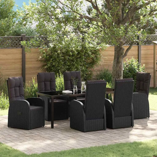 Conjunto de Jantar de Jardim de 7 Peças com Almofadas Preto Vime Sintético