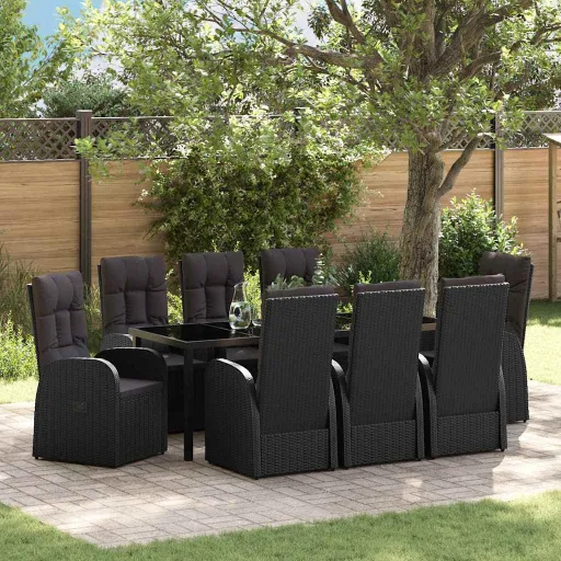 Conjunto de Jantar de Jardim com Almofadas 9 Peças Rattan Preto
