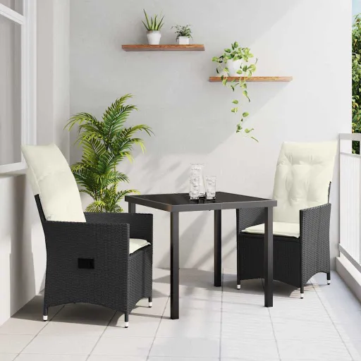 Conjunto de Jantar para Jardim com Almofada   Preto Vime PE (3 pcs)