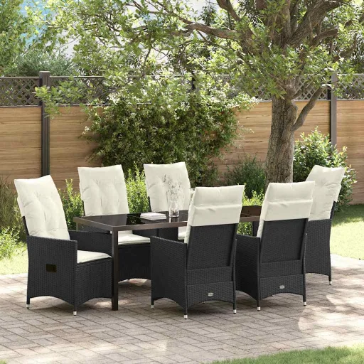 Conjunto de Jantar para Jardim com Almofada   Preto Vime PE (7 pcs)