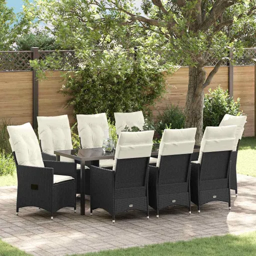 Conjunto de Jantar para Jardim com Almofada   Preto Vime PE (9 pcs)