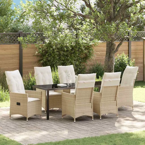 Conjunto de Jantar para Jardim com Almofada   Bege Vime PE (7 pcs)