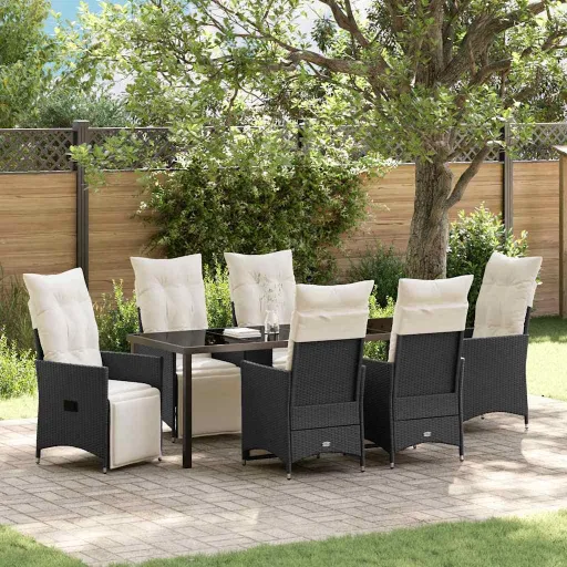Conjunto de Jantar para Jardim com Almofada   Preto Vime PE (7 pcs)