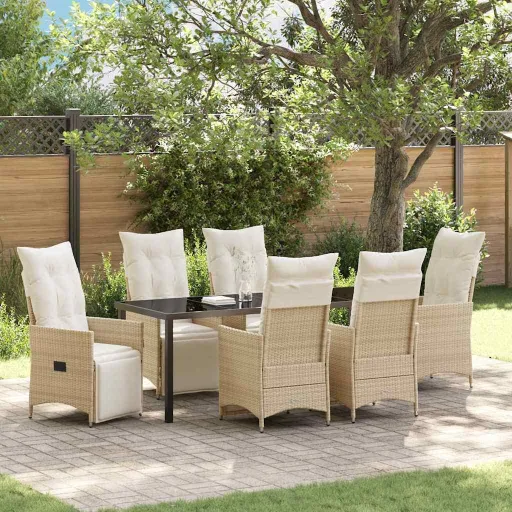Conjunto de Jantar para Jardim com Almofada   Bege Vime PE (7 pcs)