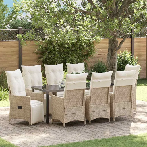 Conjunto de Jantar para Jardim com Almofada   Bege Vime PE (9 pcs)