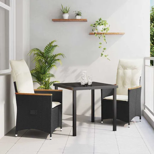 Conjunto de Jantar para Jardim com Almofada   Preto Vime PE (3 pcs)