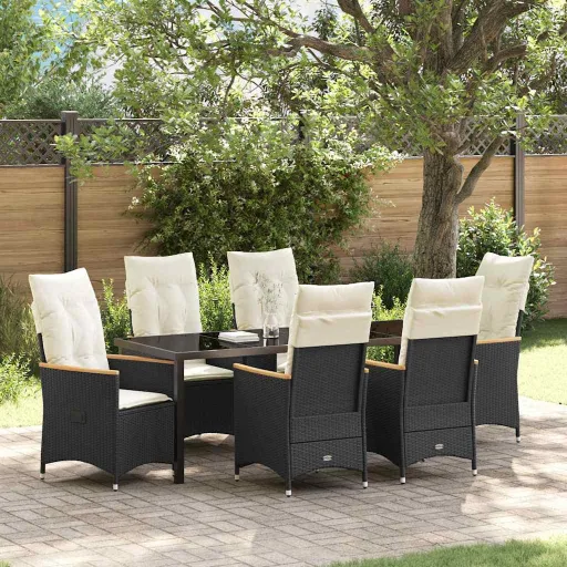 Conjunto de Jantar para Jardim com Almofada   Preto Vime PE (7 pcs)
