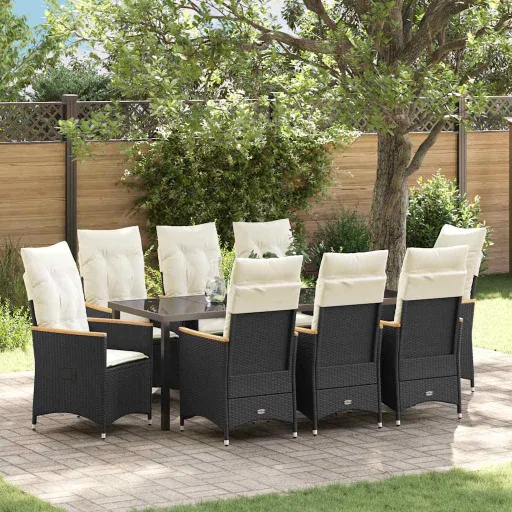 Conjunto de Jantar para Jardim com Almofada   Preto Vime PE (9 pcs)