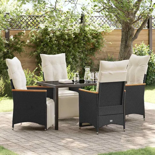 Conjunto de Jantar para Jardim com Almofada   Preto Vime PE (5 pcs)