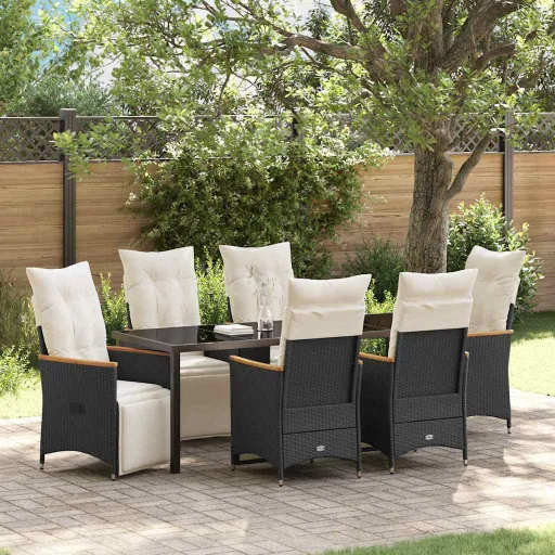 Conjunto de Jantar para Jardim com Almofada   Preto Vime PE (7 pcs)