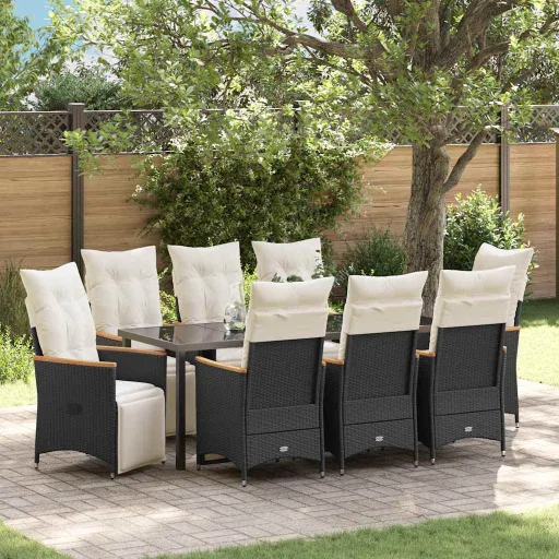 Conjunto de Jantar para Jardim com Almofada   Preto Vime PE (9 pcs)
