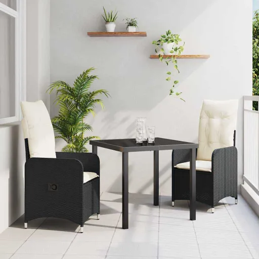 Conjunto de Jantar para Jardim com Almofada   Preto Vime PE (3 pcs)
