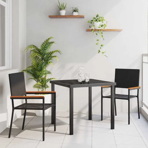 Conjunto de Jantar para Jardim com Almofada   Preto Vime PE (3 pcs)