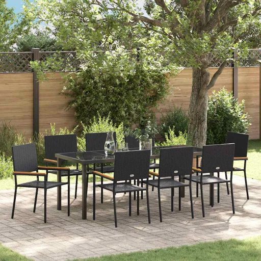 Conjunto de Jantar para Jardim com Almofada   Preto Vime PE (9 pcs)