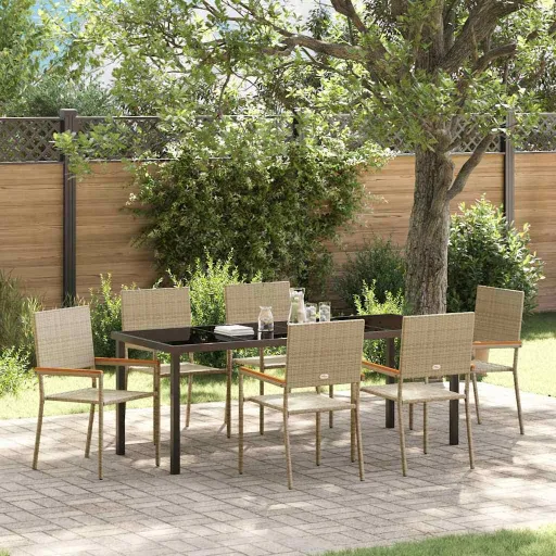 Conjunto de Jantar para Jardim com Almofada   Bege Vime PE (7 pcs)