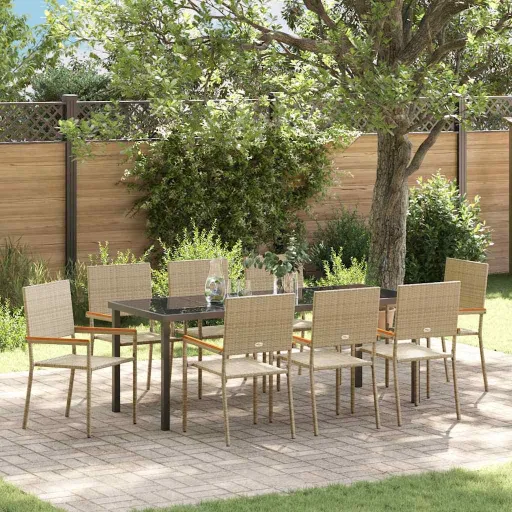 Conjunto de Jantar para Jardim com Almofada   Bege Vime PE (9 pcs)