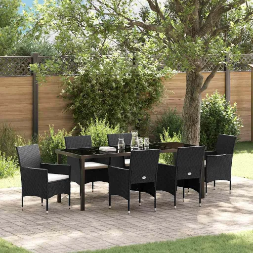 Conjunto de Jantar para Jardim com Almofada   Preto Vime PE (7 pcs)