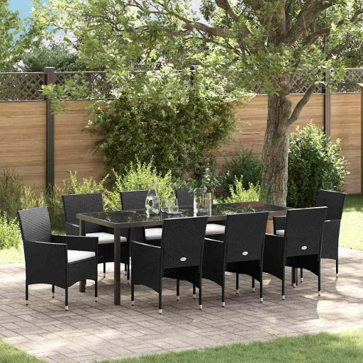 Conjunto de Jantar para Jardim com Almofada   Preto Vime PE (9 pcs)