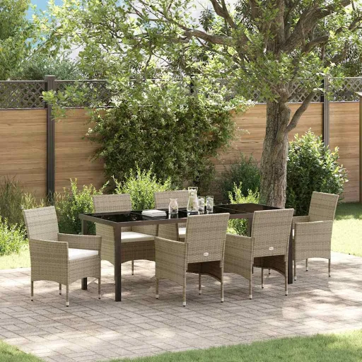 Conjunto de Jantar para Jardim com Almofada   Bege Vime PE (7 pcs)