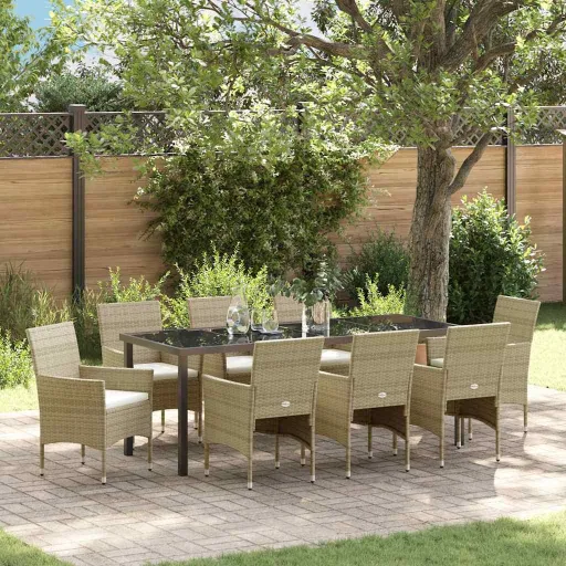 Conjunto de Jantar para Jardim com Almofada   Bege Vime PE (9 pcs)