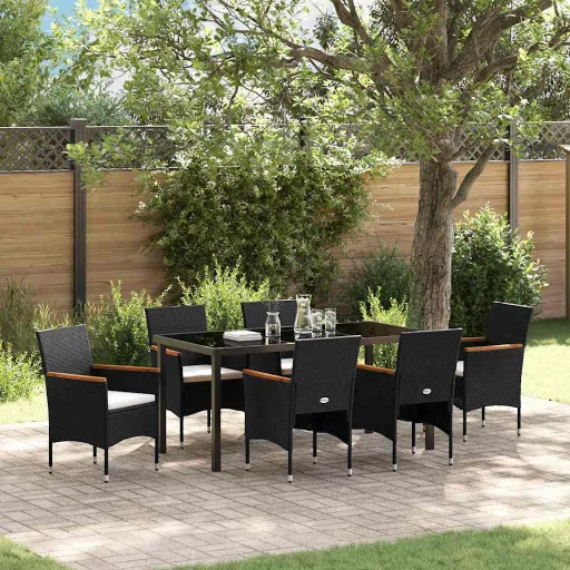 Conjunto de Jantar para Jardim com Almofada   Preto Vime PE (7 pcs)