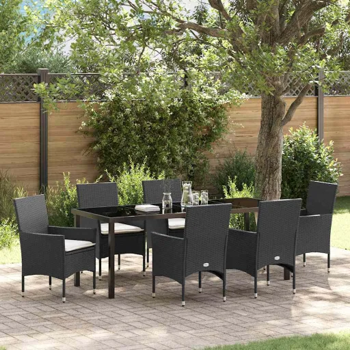 Conjunto de Jantar para Jardim com Almofada   Preto Vime PE (7 pcs)