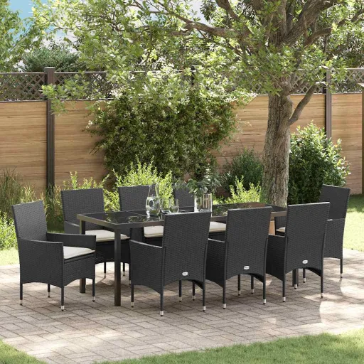 Conjunto de Jantar para Jardim com Almofada   Preto Vime PE (9 pcs)