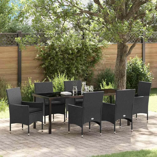 Conjunto de Jantar para Jardim com Almofada   Preto Vime PE (7 pcs)