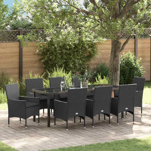 Conjunto de Jantar para Jardim com Almofada   Preto Vime PE (9 pcs)