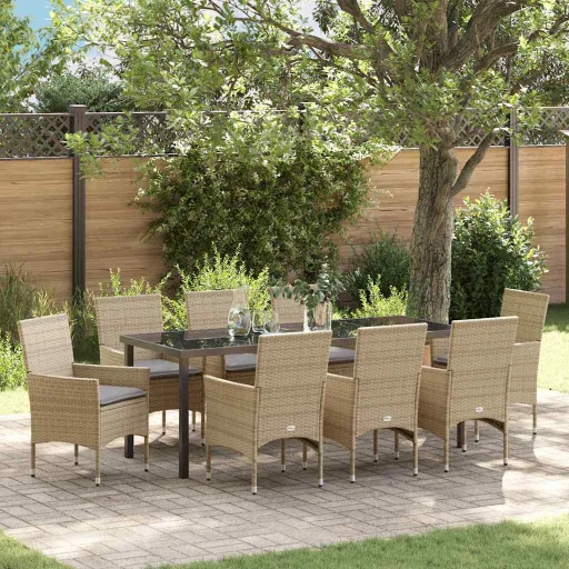 Conjunto de Jantar para Jardim com Almofada   Bege Vime PE (9 pcs)
