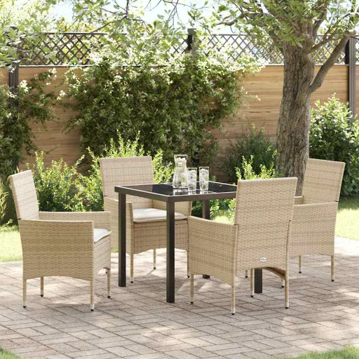 Conjunto de Jantar para Jardim com Almofada   Bege Vime PE (5 pcs)