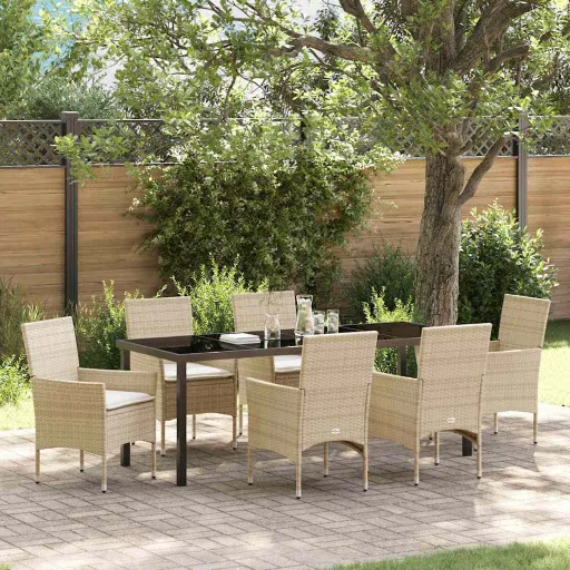 Conjunto de Jantar para Jardim com Almofada   Bege Vime PE (7 pcs)