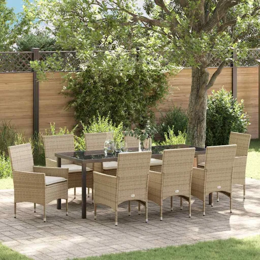 Conjunto de Jantar para Jardim com Almofada   Bege Vime PE (9 pcs)