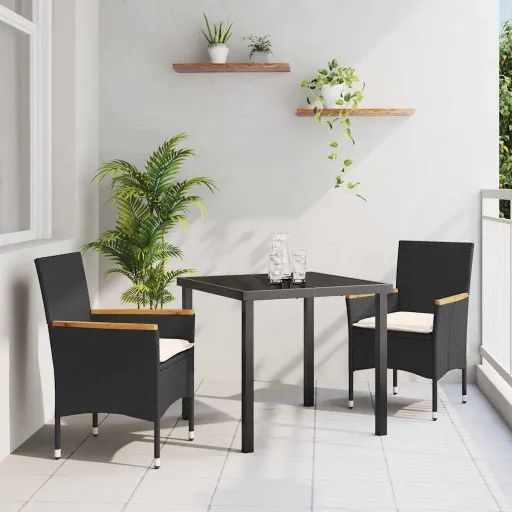 Conjunto de Jantar para Jardim com Almofada   Preto Vime PE (3 pcs)