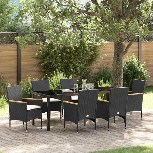 Conjunto de Jantar para Jardim com Almofada   Preto Vime PE (7 pcs)
